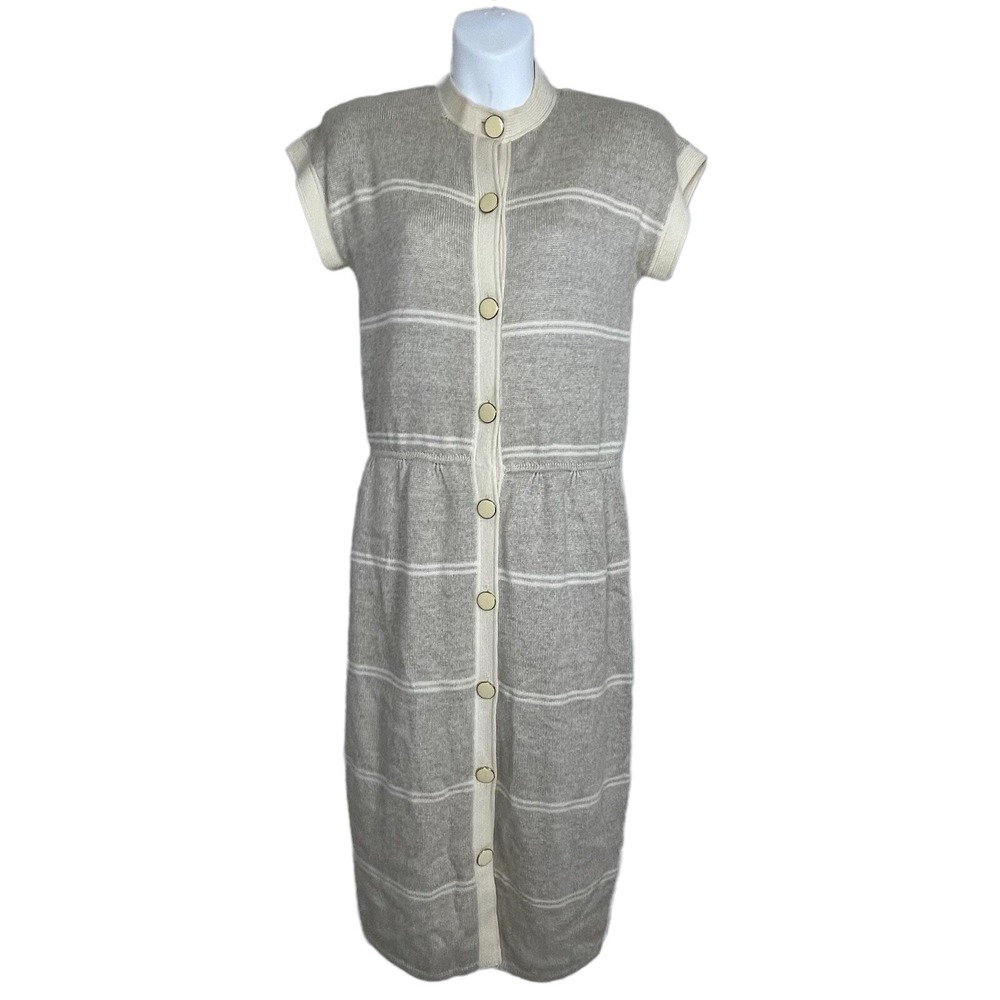 St. John Knit Dress Women 8 Grey Cream Striped Button Front Midi Quiet Luxury